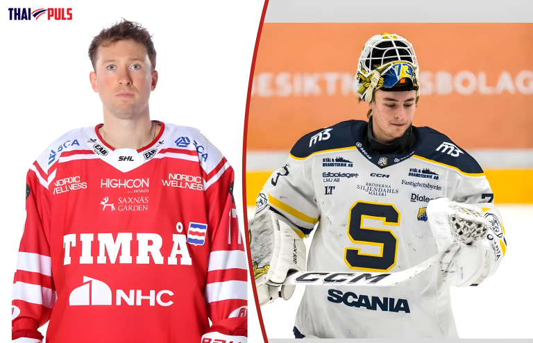 Dylan McLaughlin i Timrås tröja och målvakten Love Härenstam i Södertäljes utrustning.