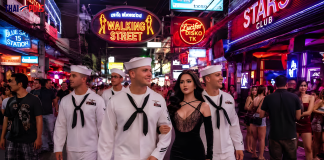 5 000 amerikanska sjömän till Pattaya 2–6 september – så funkar landpermissionen Sjömän i vita paraduniformer på Walking Street i Pattaya, arrangerad bild.