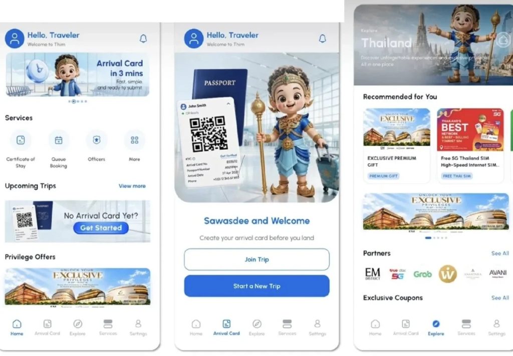 Tre skärmbilder ur THIM-appen som visar startsida, digitalt ankomstkort och erbjudandefliken