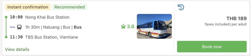 Bokningsrad som visar buss Nong Khai 10.00 till Vientiane 11.30 for 189 baht