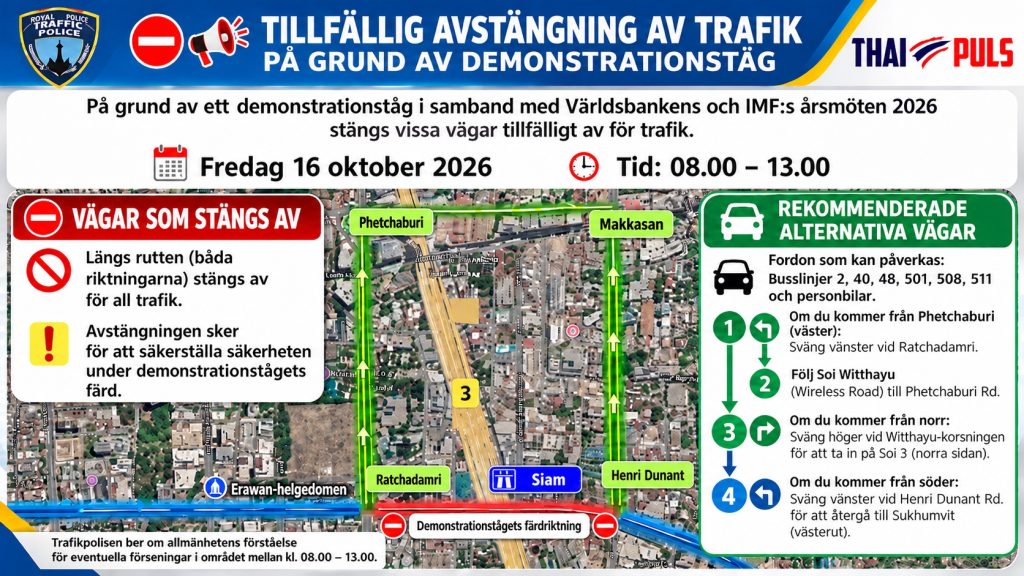 Grafik over avstangningen pa Phloen Chit Road den 16 oktober med alternativa vagar
