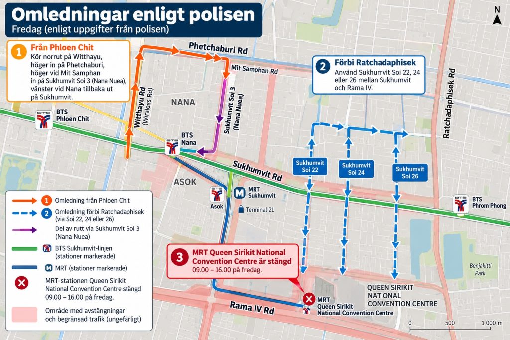Karta over centrala Bangkok med omledningsvagar fran Phloen Chit, forbi Ratchadaphisek via Sukhumvit Soi 22, 24 och 26, samt den stangda MRT-stationen Queen Sirikit